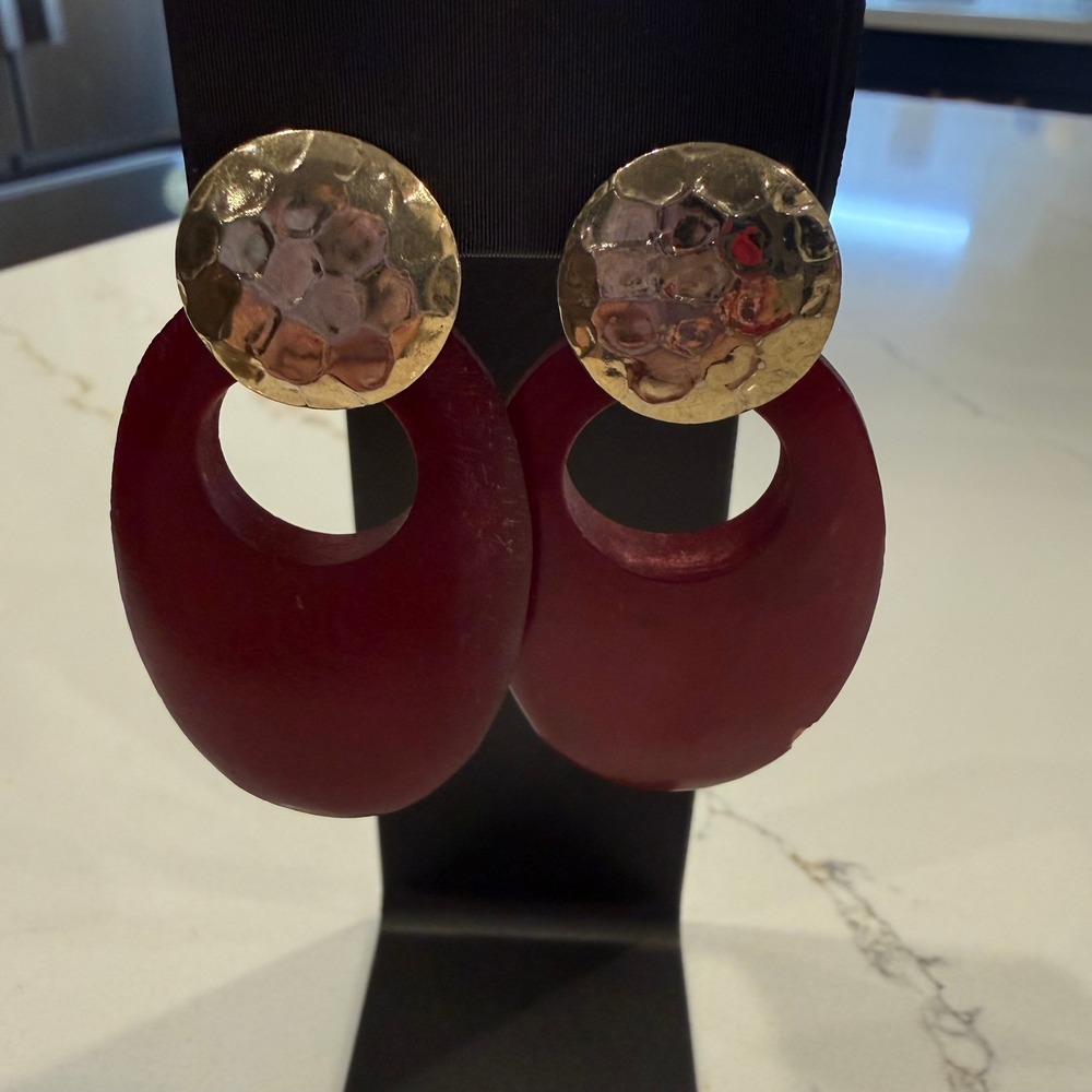 Boho Modernist Red Wood Hammered Gold Tone Convertible Statement Earrings
